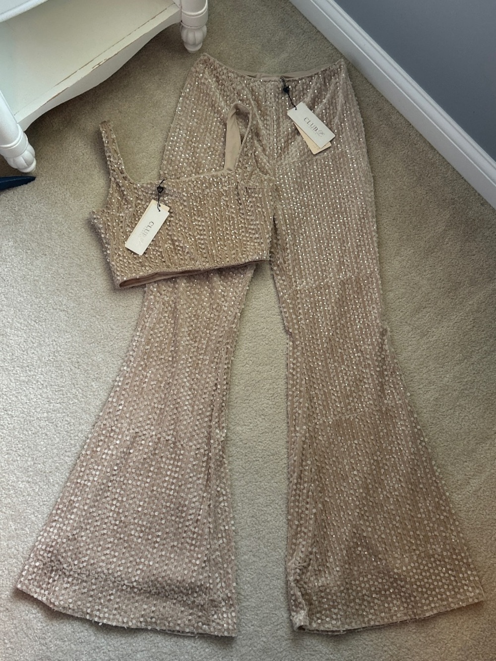 Club L London Champagne Sequin Crop Top & Flared Pants Set